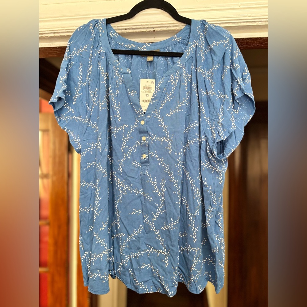Style & Co 3X Blue Button-Up Blouse with White Floral Pattern